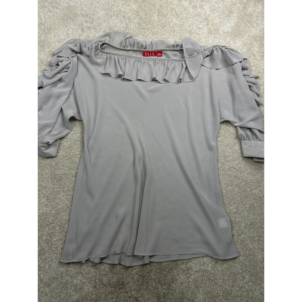 ELLE Ruffle Sleeve Scoop Neck Blouse L Gray 2pc Set Camisole Romantic Office